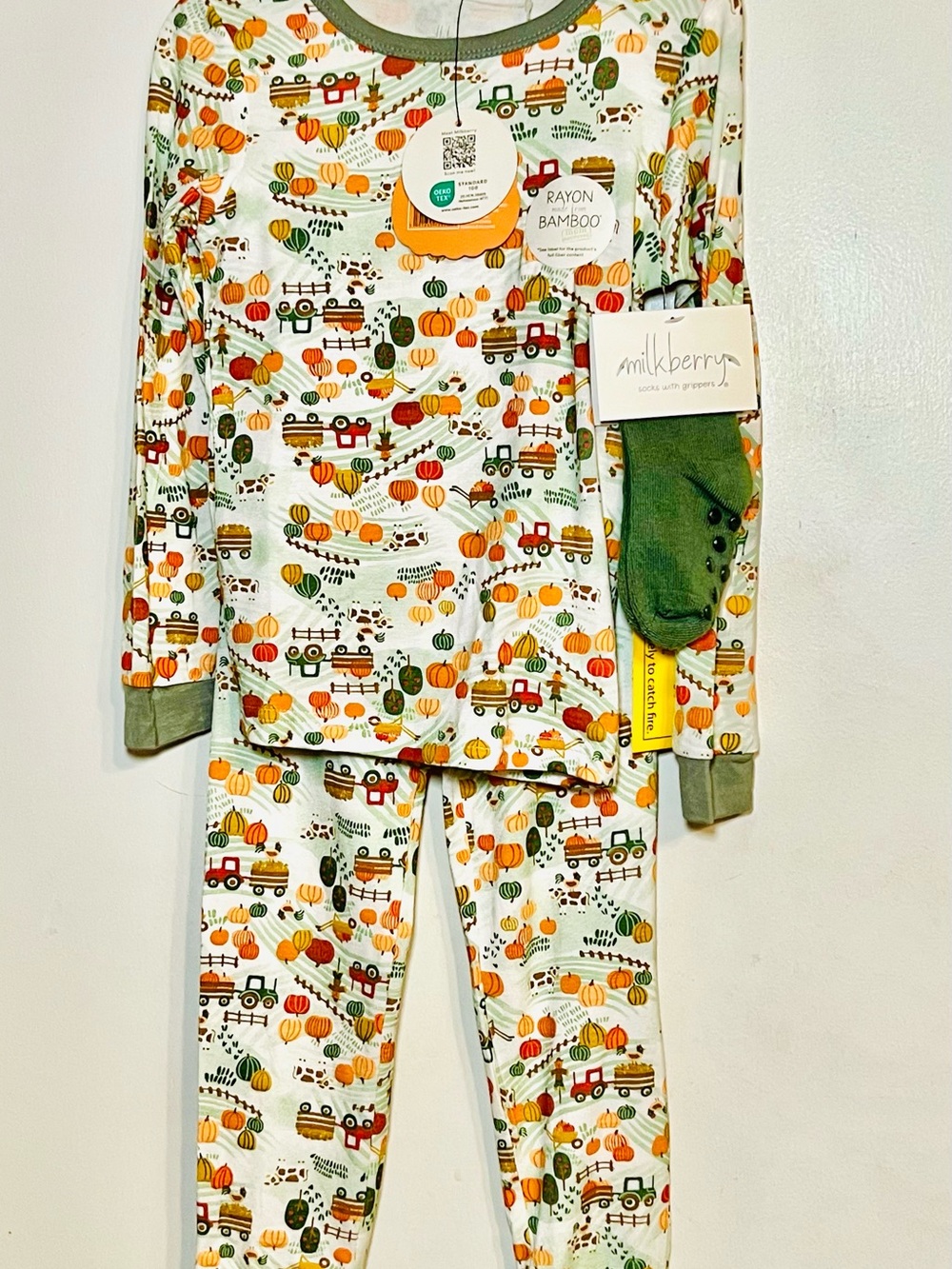 Kids 4T Pumpkin Harvest Pajama Set & Socks Green & Orange Rayon from Bamboo - Picture 7 of 13